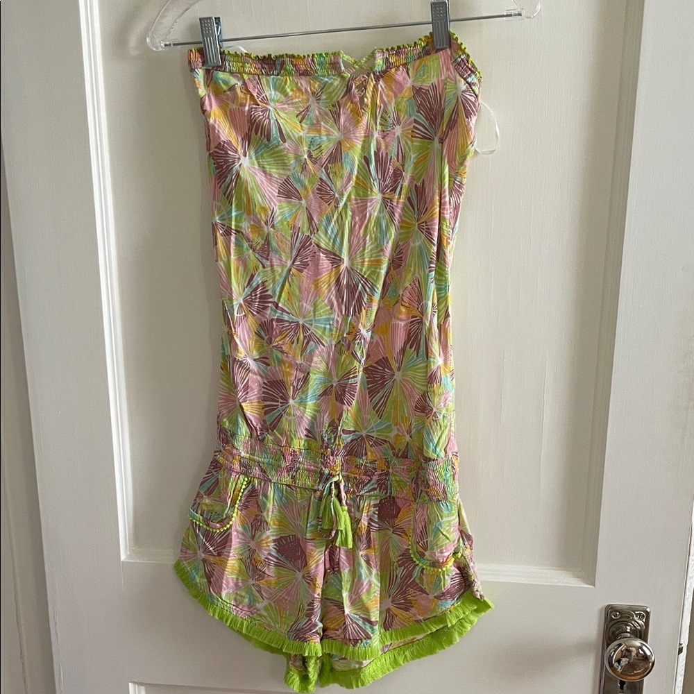 Poupette St Barth Colorful Tropical Print Romper with Lime Trim